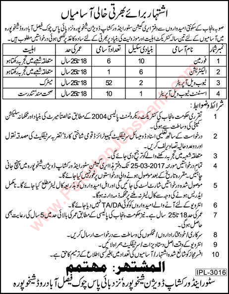 Irrigation Department Sheikhupura Jobs 2017 March Tubewell Operators, Foreman & Electrician Latest