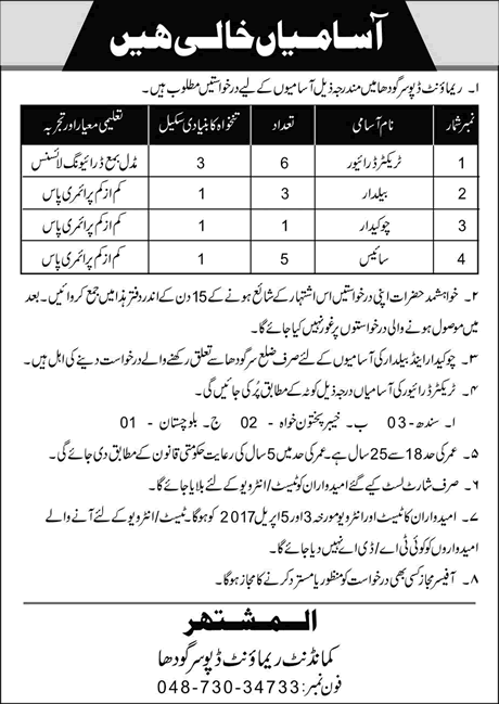 Remount Depot Sargodha Jobs 2017 March Drivers, Baildar, Sais & Chowkidar Latest