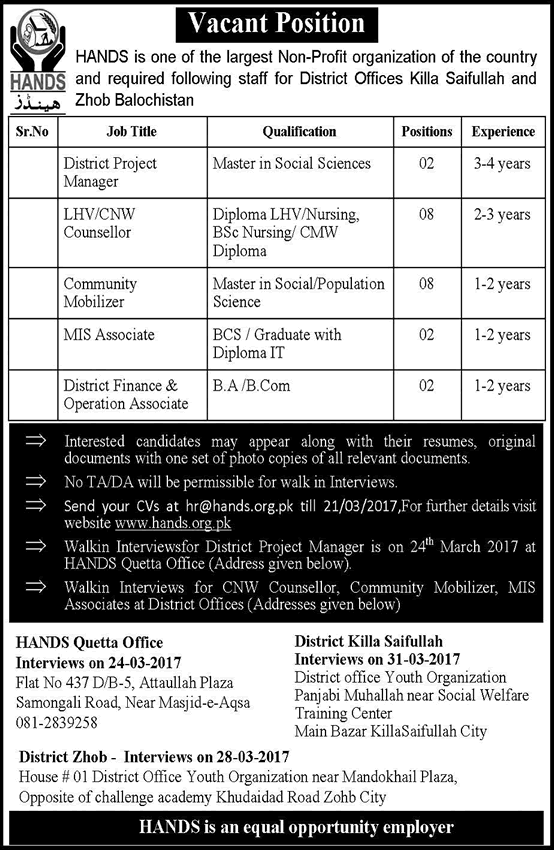 Hands NGO Jobs 2017 March Community Mobilizer, LHV/CNW Counsellor & Other Latest