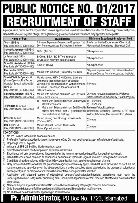 PO Box 1723 Islamabad Jobs 2017 March PAEC Scientific Assistants, Technicians & Others Latest