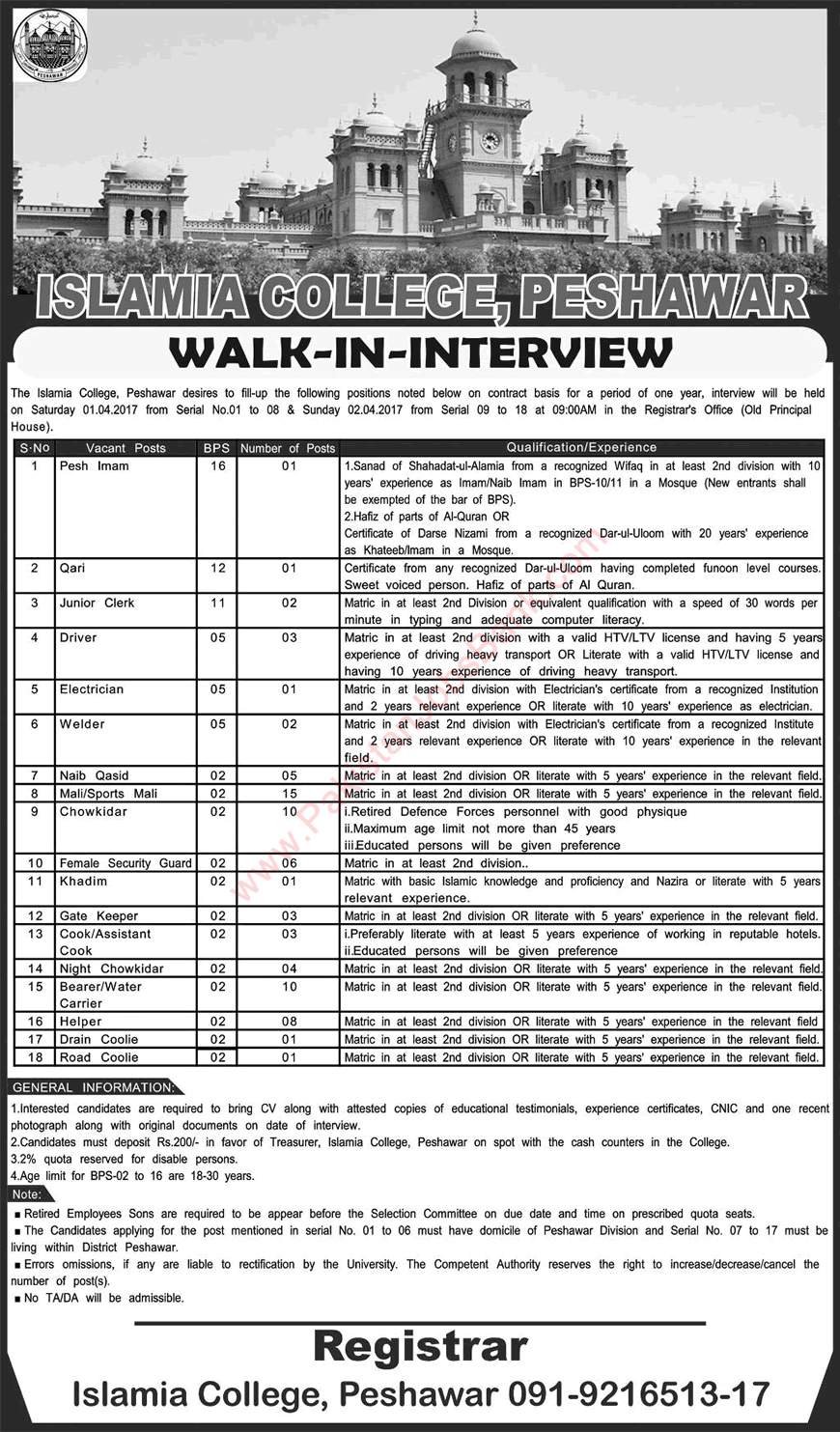 Islamia College Peshawar Jobs 2017 March Walk in Interview Chowkidar, Mali, Naib Qasid & Others Latest