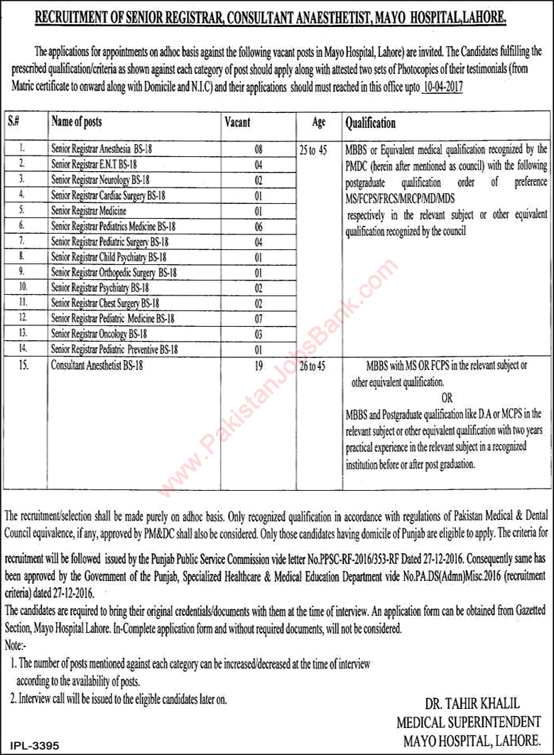 Mayo Hospital Lahore Jobs 2017 March / April Senior Registrars & Anesthetist Consultants Latest