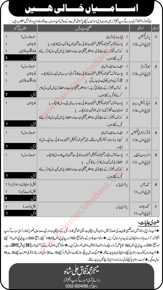 Headquarters 477 Army Survey Group Engineers Rawalpindi Jobs 2017 April Cartographers, Press Technicians & Others Latest