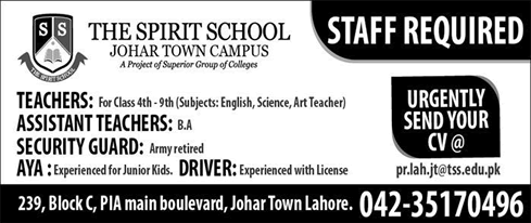 The Spirit School Lahore Jobs April 2017 Teachers, Security Guards, Driver & Aya Latest