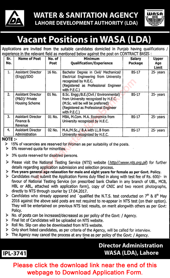 Assistant Director Jobs in WASA LDA Lahore 2017 April NTS Application Form Download Latest