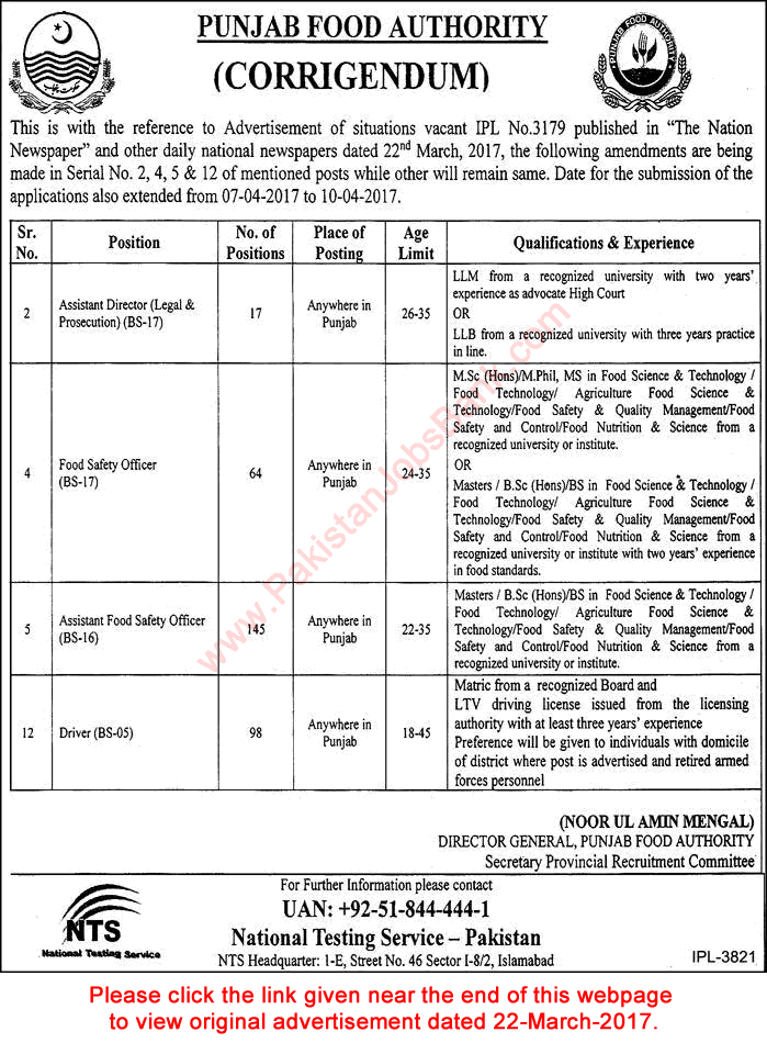 Punjab Food Authority Jobs 2017 April Corrigendum PFA Latest