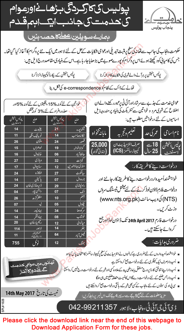 Police Station Assistant Jobs in Punjab Police 2017 April NTS Application Form Download Latest