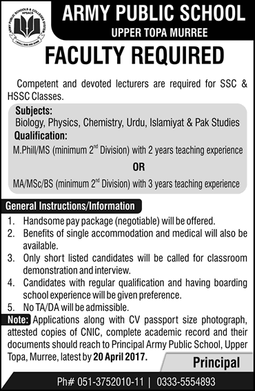 Lecturers Jobs Army Public School Murree 2017 April APS Latest