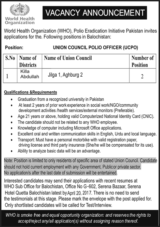 Union Council Polio Officer Jobs in WHO Balochistan April 2017 Polio Eradication Initiative Latest