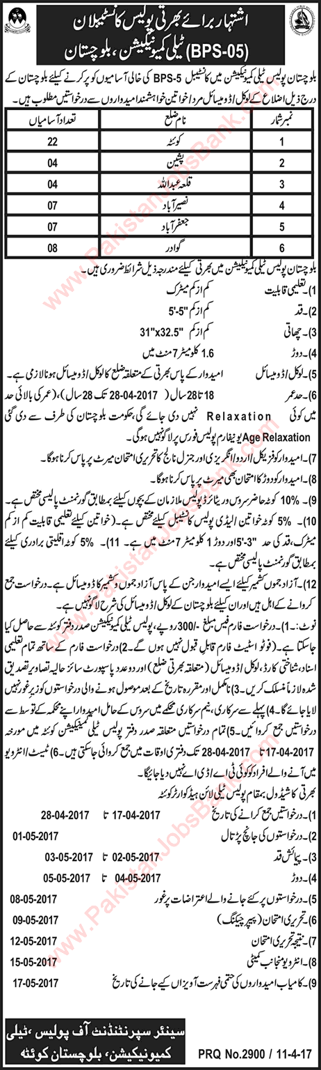 Balochistan Police Constable Jobs April 2017 in Telecommunication Latest Advertisement
