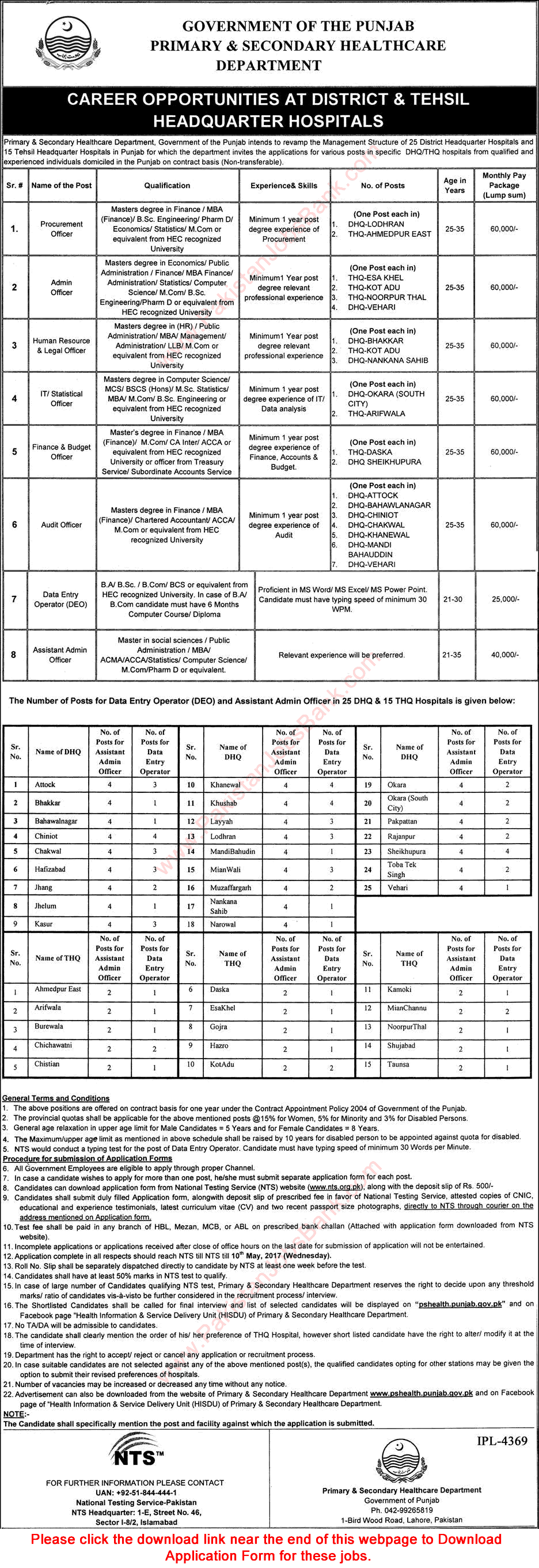 Primary and Secondary Healthcare Department Punjab Jobs April 2017 NTS Application Form Latest / New