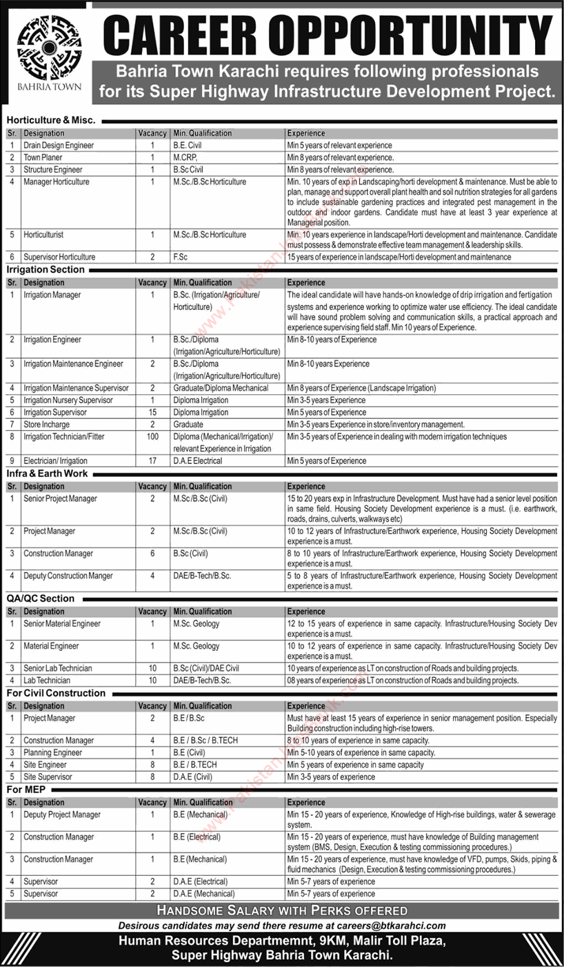 Bahria Town Karachi Jobs April 2017 Irrigation Technicians / Fitters, Lab Technicians & Others Latest