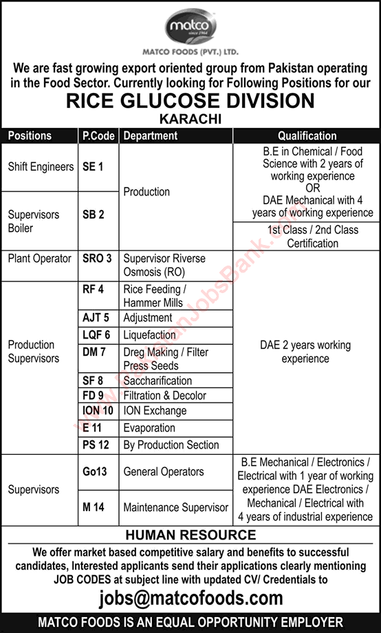 MATCO Foods Pvt Ltd Karachi Jobs 2017 April Shift Engineers, Production Supervisors Latest