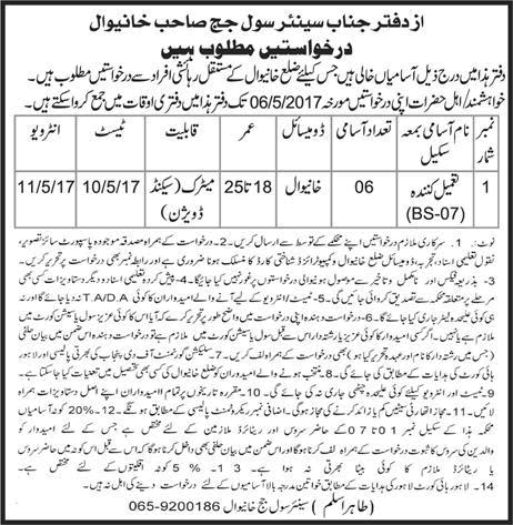 Tameel Kuninda Jobs in Civil Court Khanewal 2017 April Latest