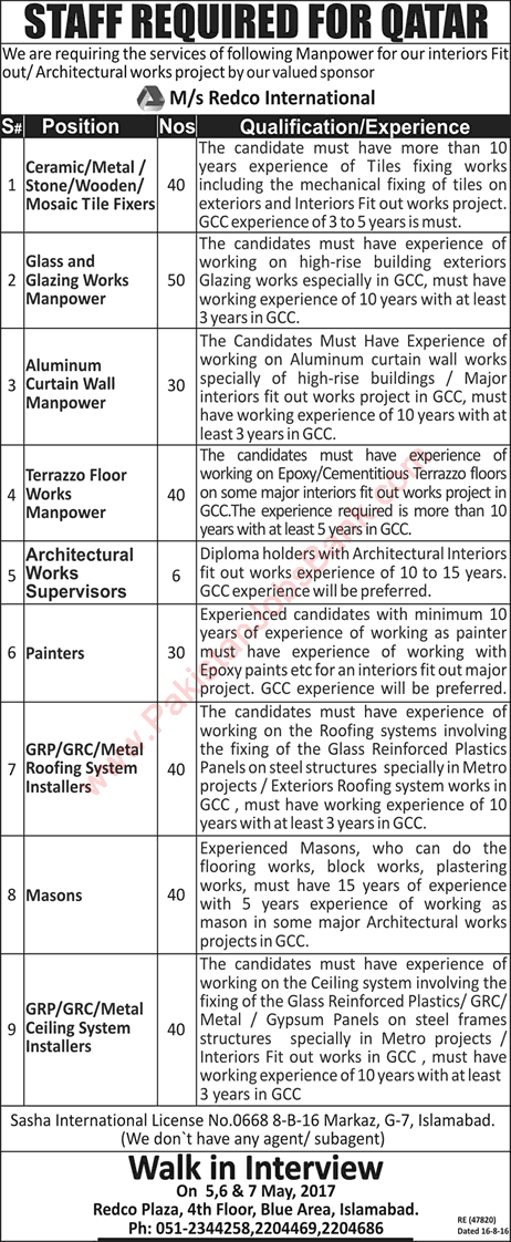 Redco International Qatar Jobs 2017 May Walk in Interview Latest