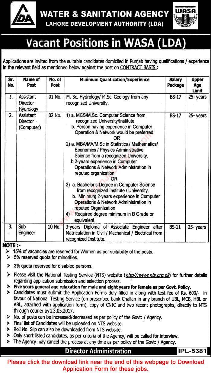 WASA LDA Lahore Jobs May 2017 NTS Application Form Sub Engineers & Assistant Directors Latest