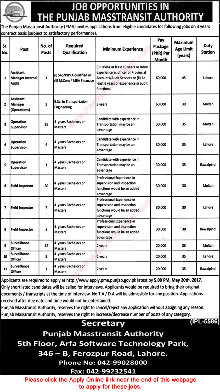 Punjab Metrobus Authority Jobs 2017 May Apply Online Field Inspectors, Operation Supervisors & Others PMA Latest