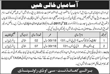 COD Rawalpindi Jobs 2017 May USM & Sanitary Workers Central Ordnance Depot Latest