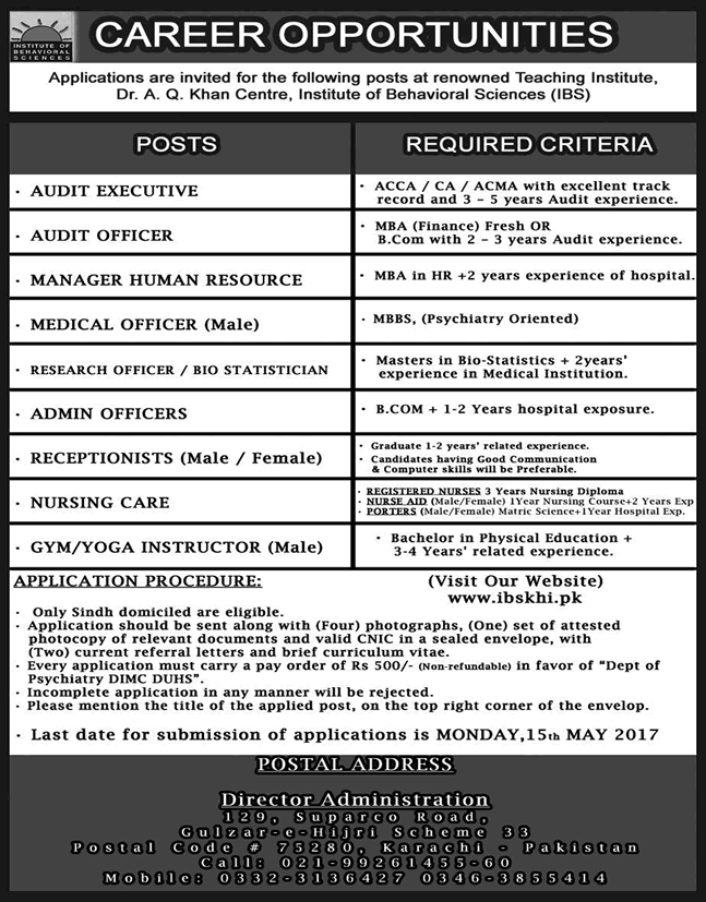 Institute of Behavioral Sciences Karachi Jobs 2017 May Admin Officers, Receptionists & Others Latest