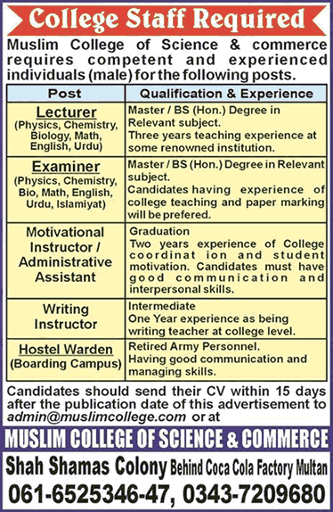 Muslim College of Science and Commerce Multan Jobs 2017 May Lecturers, Examiners & Others Latest