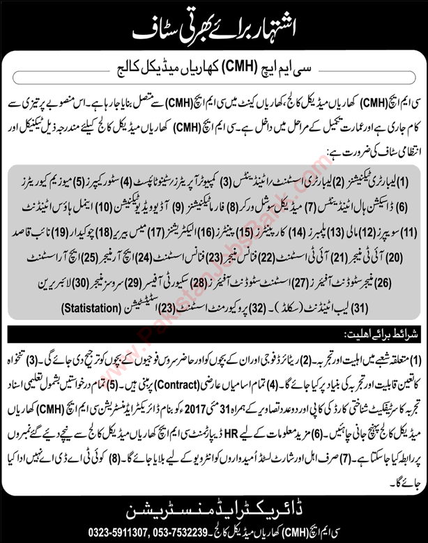 CMH Kharian Medical College Jobs 2017 May Computer Operator, Store Keepers, Lab Technicians & Others Latest