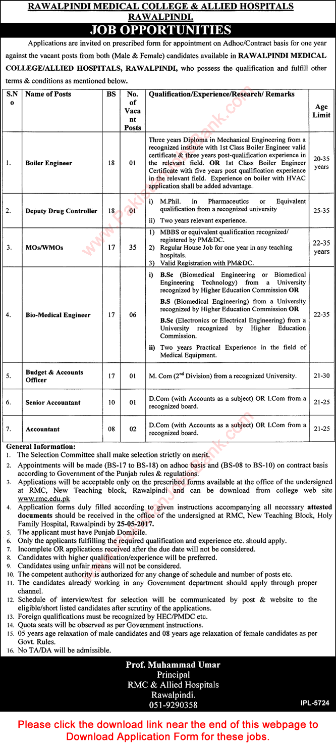 Rawalpindi Medical College and Allied Hospitals Jobs 2017 May Application Form Medical Officers & Others Latest