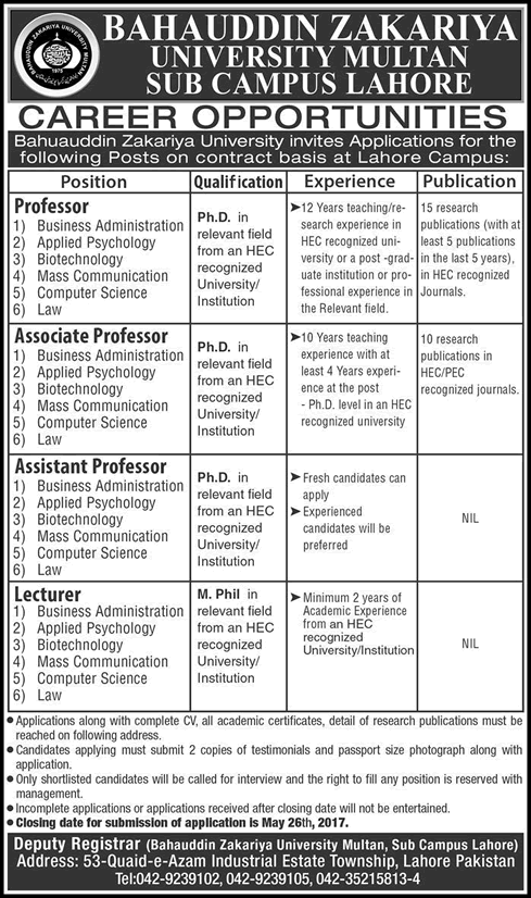 Bahauddin Zakariya University Multan Sub Campus Lahore Jobs May 2017 Teaching Faculty Latest