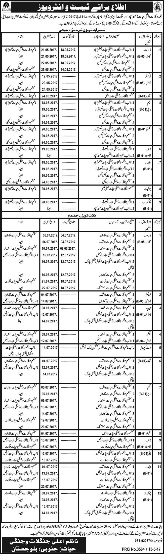 Forest and Wildlife Department Balochistan Jobs May 2017 Test / Interview Schedule Latest