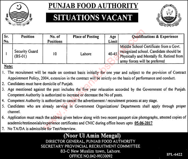 Security Guard Jobs in Punjab Food Authority Lahore May 2017 PFA Latest