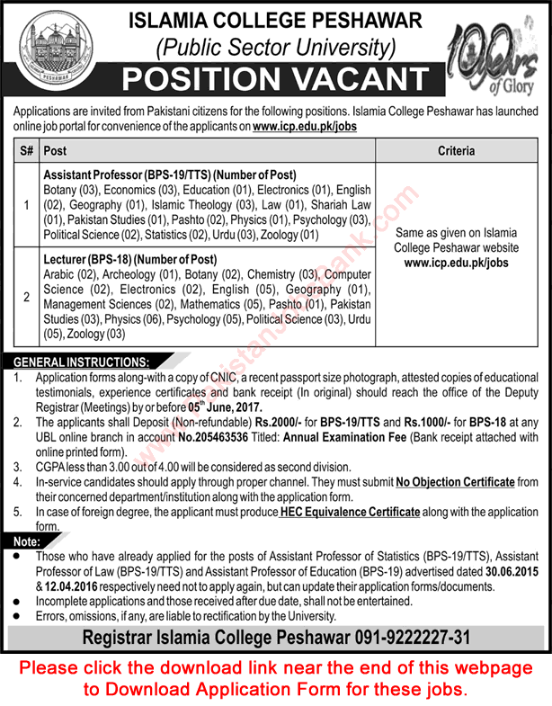 Islamia College Peshawar Jobs May 2017 Application Form Teaching Faculty ICP Latest