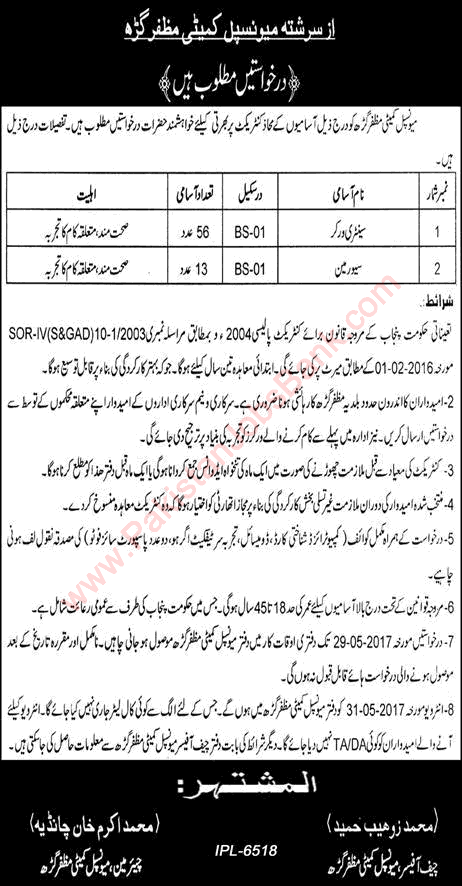 Municipal Committee Muzaffargarh Jobs 2017 May Sanitary Workers & Sewerman Latest