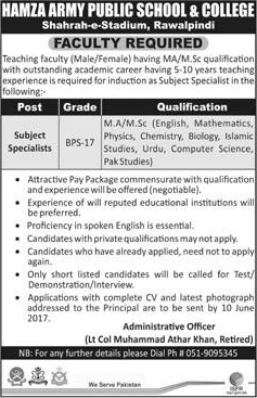 Teaching Jobs in Hamza Army Public School Rawalpindi Jobs May 2017 Subject Specialists Latest