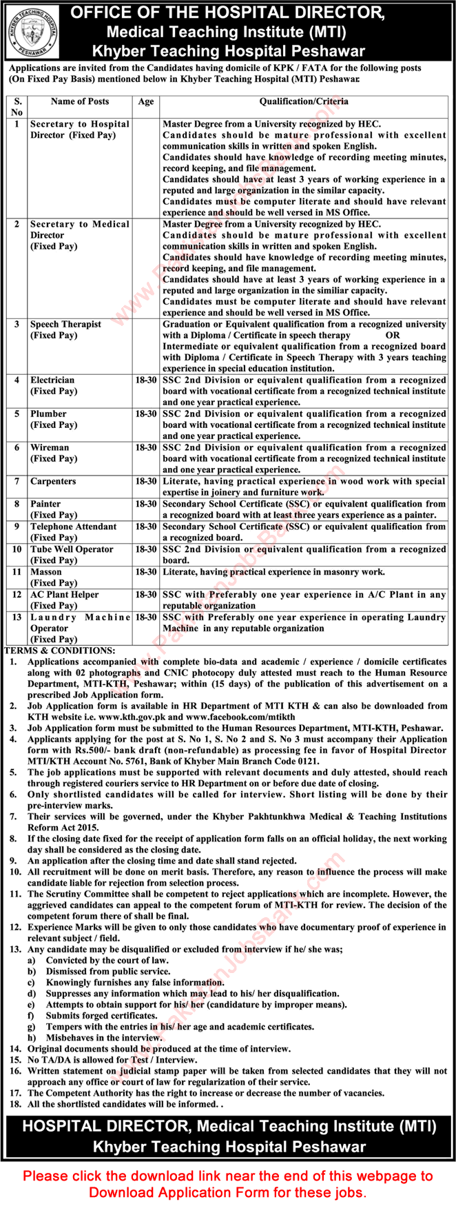 Khyber Teaching Hospital Peshawar Jobs May 2017 KTH MTI Application Form Download Latest