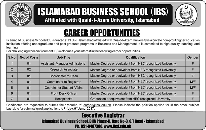 Islamabad Business School Jobs 2017 May / June IBS Coordinators, Research Associates & Others Latest