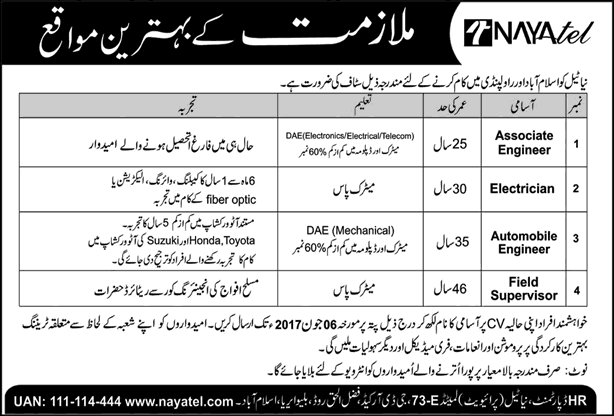 Nayatel Islamabad Jobs May 2017 June Rawalpindi Associate Engineers, Field Supervisors & Electrician Latest