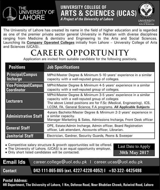 University of Lahore Jobs May 2017 June Lecturers, Admin & Support Staff UOL Latest