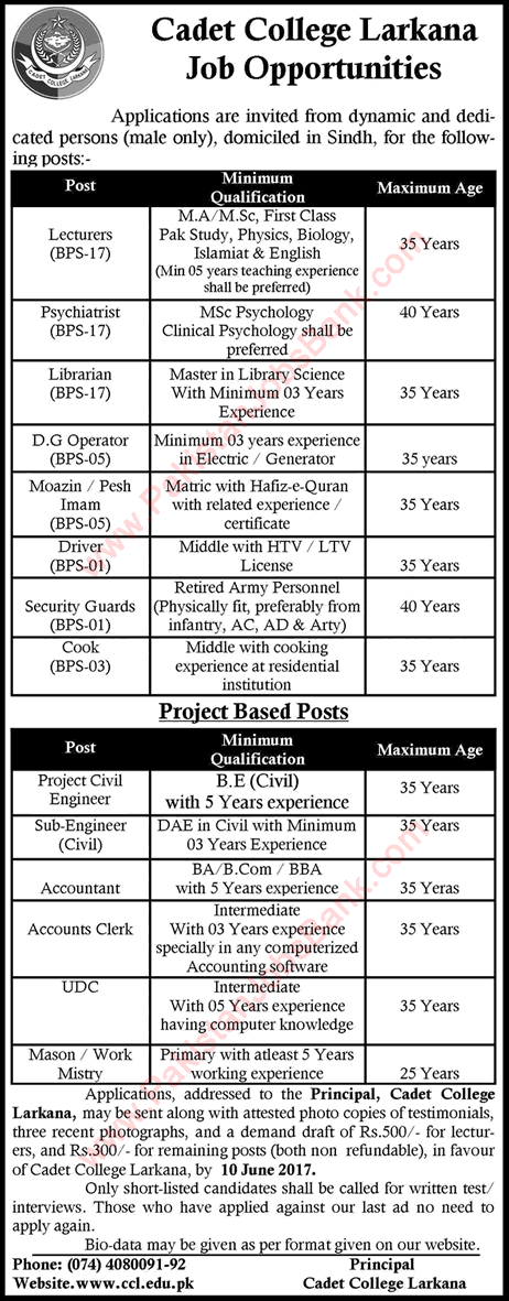Cadet College Larkana Jobs May 2017 June Lecturers, Librarian, Clerks, Security Guards & Others Latest