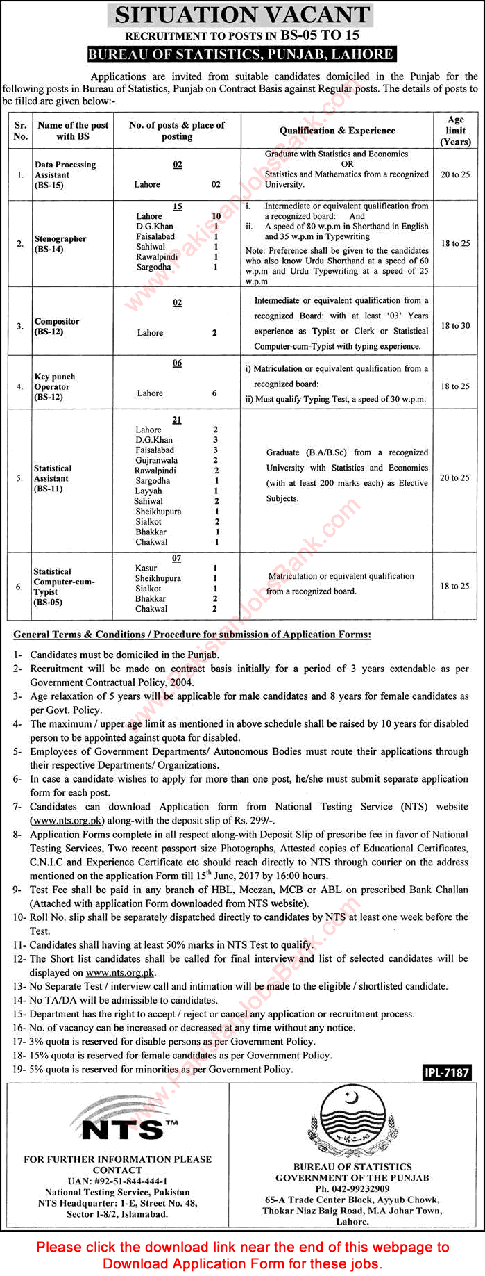Bureau of Statistics Punjab Jobs 2017 June NTS Application Form Statistical Assistants, Stenographers & Others Latest