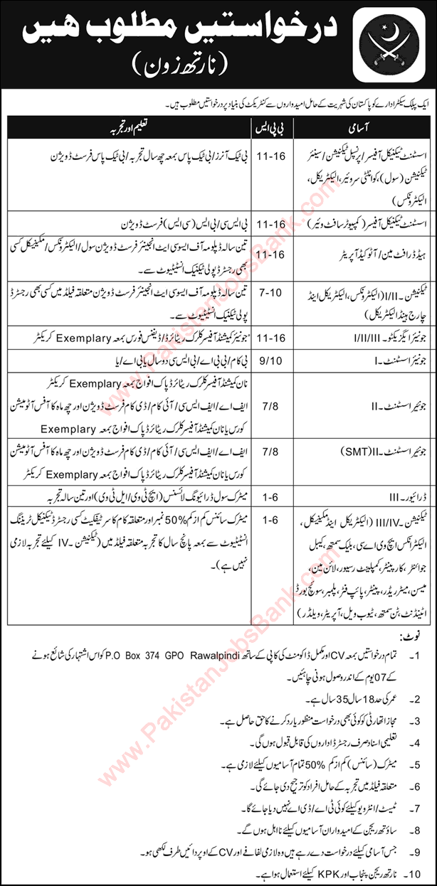 PO Box 374 GPO Rawalpindi Jobs June 2017 Pakistan Army Junior Assistants, Technicians & Others Latest