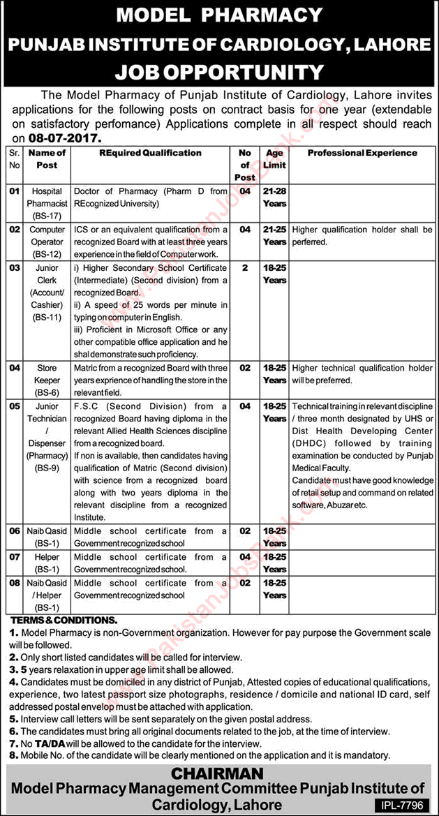 Model Pharmacy Punjab Institute of Cardiology Lahore Jobs 2017 June Dispensers, Computer Operators & Others Latest