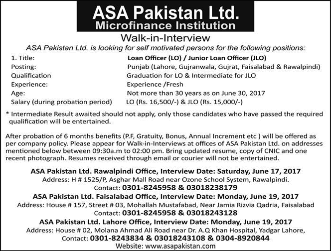Loan Officer Jobs in ASA Pakistan Pvt Ltd June 2017 Walk in Interview Latest