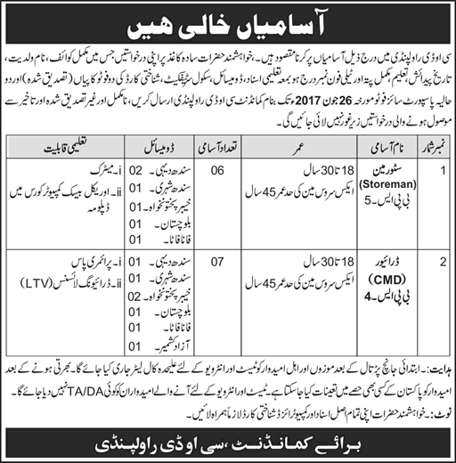 COD Rawalpindi Jobs 2017 June Storeman & Drivers Central Ordnance Depot Latest