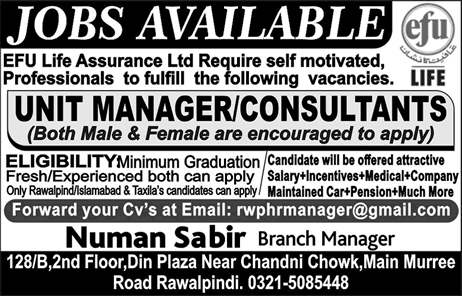 EFU Life Assurance Ltd Jobs June 2017 for Unit Managers / Consultants Latest