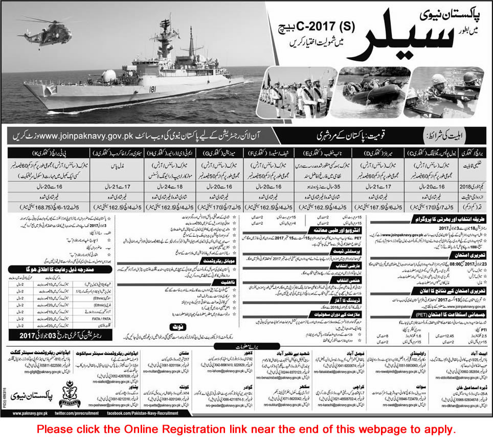 Join Pakistan Navy as Sailor June 2017 Online Registration Jobs in C-2017(S) Batch Latest