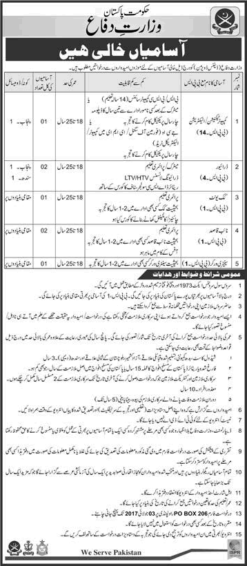 Ministry of Defence Jobs June 2017 Rawalpindi Drivers, Naib Qasid, Cook & Others Latest