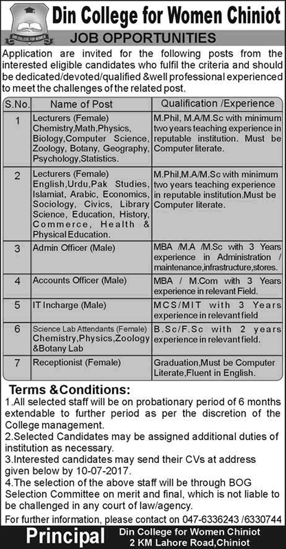Din College for Women Chiniot Jobs 2017 July Lecturers, Lab Attendants & Others Latest