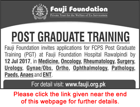 Fauji Foundation Hospital Rawalpindi FCPS Post Graduate Training 2017 July Latest