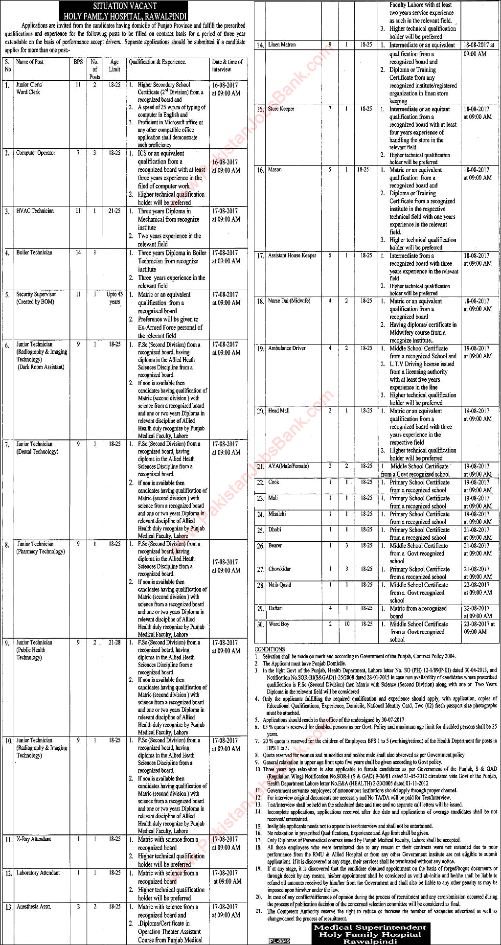 Holy Family Hospital Rawalpindi Jobs July 2017 Medical Technicians, Admin & Support Staff Latest