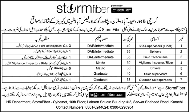 Storm Fiber Pakistan Jobs 2017 July Salespersons, Field Technicians, Drivers & Others Latest