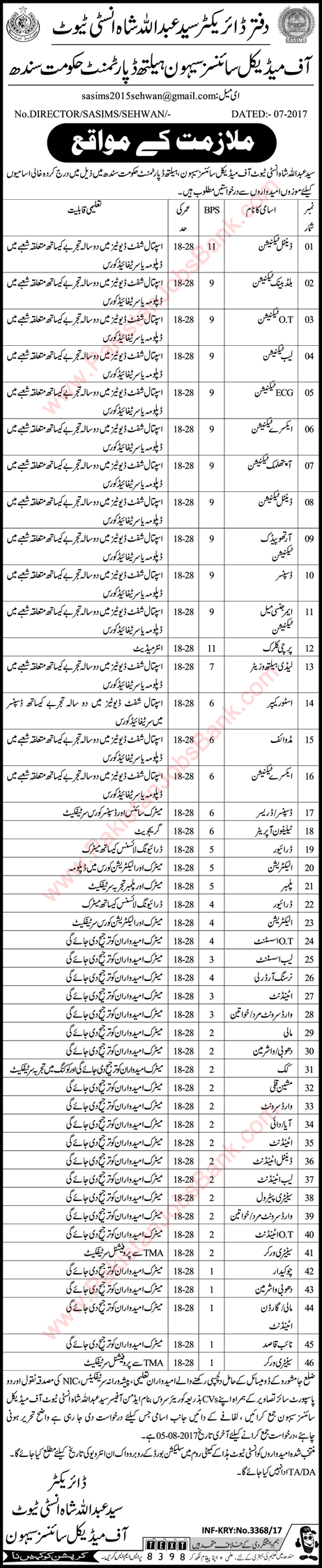 Syed Abdullah Shah Institute of Medical Sciences Sehwan Jobs 2017 July Medical Technicians & Others Latest